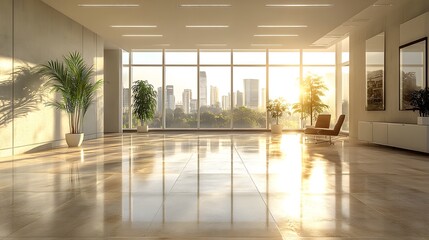 Fototapeta premium Sleek office space with natural light enhancing the polished floor and modern design, creating a professional atmosphere.