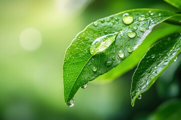 Fototapeta premium CloseUp of Water Droplet Falling on Leaf with Serene Green Background with generative ai
