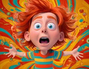 Fototapeta premium A surprised young boy with red hair and wide eyes expressing shock, fear. disbelief
