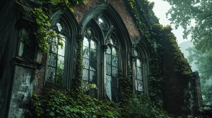 Overgrown gothic architecture with ivy and misty surroundings.