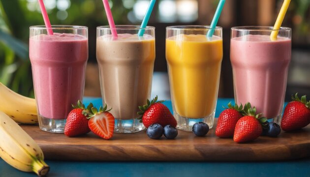 Colorful milkshakes and smoothies with strawberries bananas and blueberries - Powered by Adobe