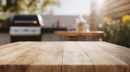 A wooden table in a sunlit outdoor setting with a grill and plants in the background.