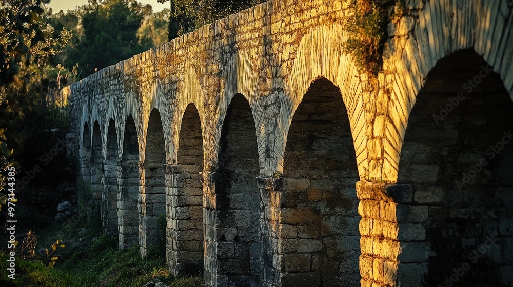 Sticker A stone bridge with arches illuminated by sunlight, showcasing architectural beauty.