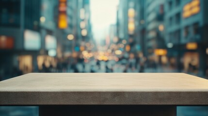 A blurred cityscape with a focus on a textured table surface in the foreground.