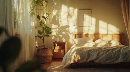 A serene bedroom bathed in warm sunlight, featuring natural elements and a cozy atmosphere.