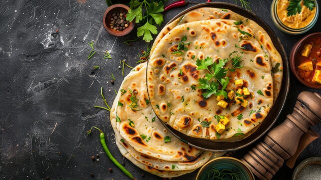 Homemade Kerala wheat paratha or layered parotta served with Paneer curry,