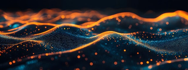 A dark background with orange and blue waves of data flowing across it, creating an abstract digital landscape