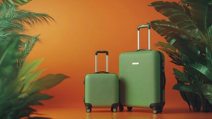 Stylish Green Luggage Against an Orange Background
