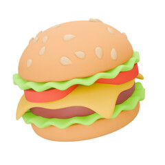 3d vector icon, realistic render hamburger, burger with salad, cheese, tomato, meat, bread. Fast food. Vector illustration isolated on white background