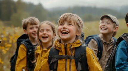 A group of smiling children in yellow jackets enjoying an outdoor adventure.