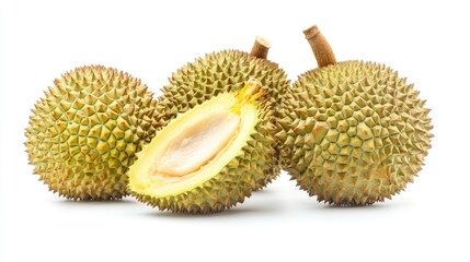 Three durians, one cut open, showcasing the spiky fruit and its creamy interior.