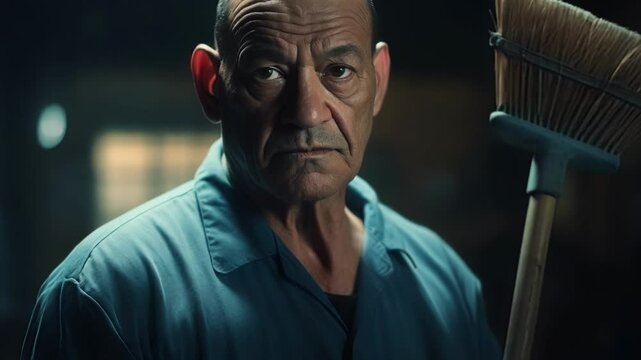 Older janitor with a serious expression, standing in a dark warehouse, holding a broom, exuding experience and professionalism while cleaning