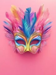 Colorful Carnival Mask isolated on pink with feathers Carnival mask carnival face colorful with generative ai