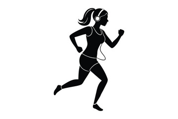 Woman Jogging with Headphones Silhouette - Vector Illustration