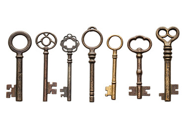 Antique keys isolated on white or transparent background