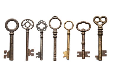 Antique keys isolated on white or transparent background