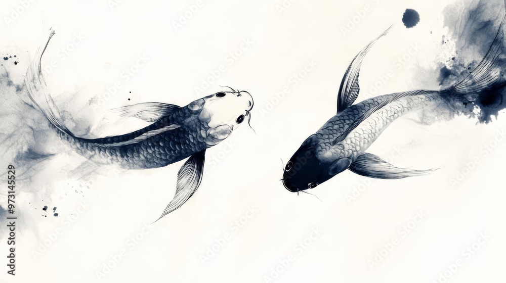 Wall mural Artistic black and white painting of two koi fish swimming gracefully, blending traditional and modern styles with ink splashes.