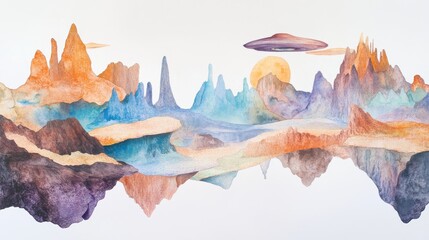 A serene alien landscape with vibrant mountains reflected in calm waters under a glowing sunset