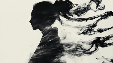 Artistic silhouette of a woman blending into dark, flowing smoke, creating a mysterious and captivating visual effect.