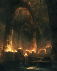 Haunting Gothic Crypt with Moonlight and Mist