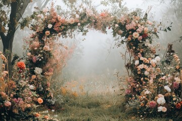 Floral Archway in a Misty Forest