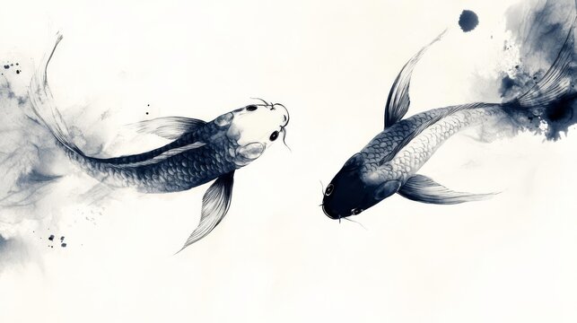 Artistic black and white painting of two koi fish swimming gracefully, blending traditional and modern styles with ink splashes.