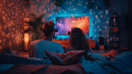 Naklejka premium Couple wearing 3D glasses, watching a movie in immersive lighting.