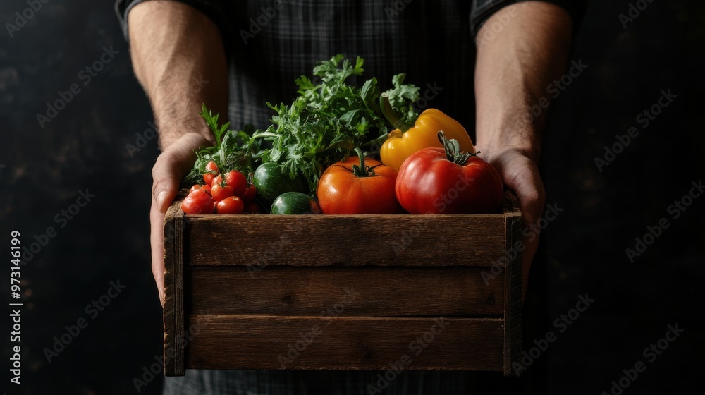 Wall mural fresh harvest of organic vegetables in rustic crate