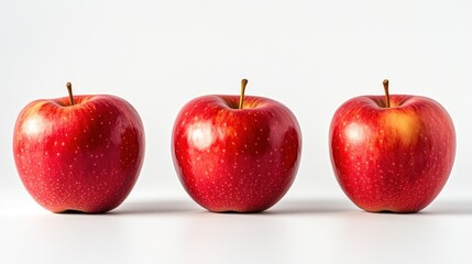 Three shiny red apples arranged on a white background.