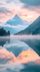 Tranquil Morning: Sunrise Over Mountain Lake with Misty Waters and Warm Sky