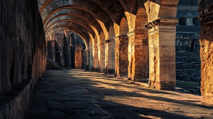 Obraz premium Ancient stone arches illuminated by soft light, creating a serene and historical atmosphere.