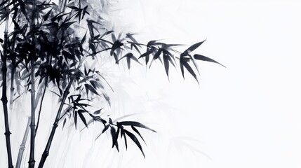 Elegant black-and-white photograph of bamboo leaves against a minimalistic white background, showcasing simplicity and natural beauty.