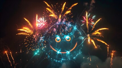 Smiley Face Fireworks: Colorful fireworks forming a giant smiley face in the night sky, symbolizing happiness and joy. 

