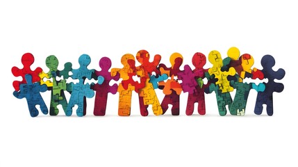 Colorful Puzzle Pieces Forming a Row of Interlocking People Shapes