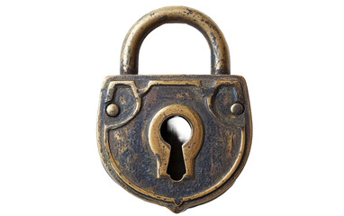 Antique brass padlock with key isolated on white or transparent background