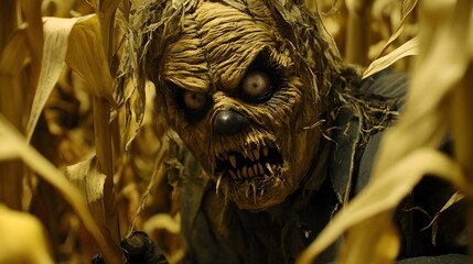 illustration Scary scarecrow with yellow eyes in corn field with orange sunset background. Pumpkin Halloween holiday concept