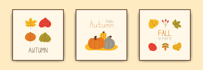 Minimalist autumn greeting square card, poster, cover, with bright hand drawn leaves. Handwritten text with editable stroke. Fall print collection, Sale flyer design. Simple Pumpkins and foliage