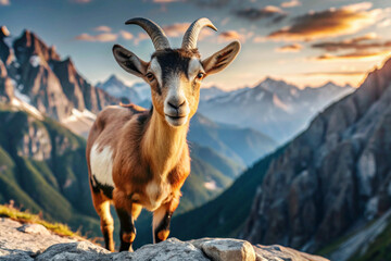 Obraz premium Brown and White Goat Standing on Mountain Ridge at Sunset