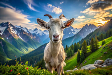Fototapeta premium White Goat in the Mountain Landscape with Sunset Sky