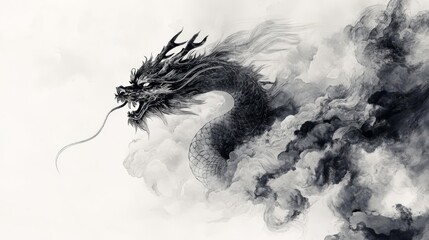 Mystical black and white ink illustration of a roaring dragon emerging from smoke, symbolizing power and mythical creatures.