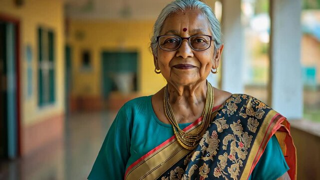 Portrait of an Elderly Indian Woman Smiling in Traditional Sari