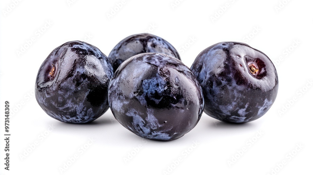 Wall mural A close-up of four fresh, dark blue plums arranged together on a white background.