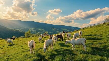 Naklejka premium Serene Pastoral Scene with Grazing Sheep at Sunset