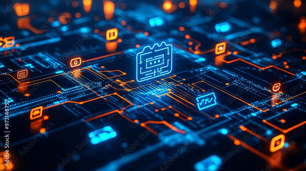 Wall mural Digital Circuit Board with Glowing Blue and Orange Icons