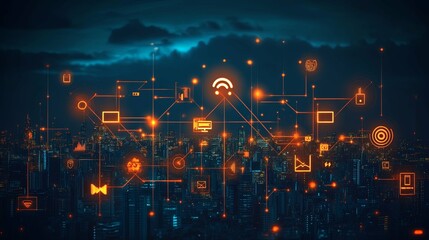 Fototapeta premium Connected Cityscape with Network of Digital Icons and Symbols