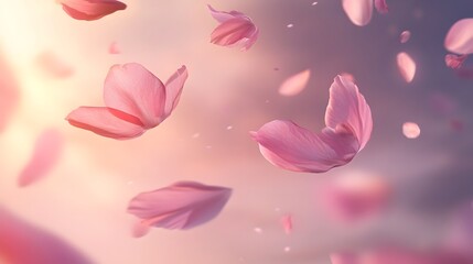 Soft Pink Flower Petals Floating and Drifting in Dreamy Ethereal Atmosphere
