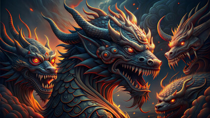 Obraz premium Majestic multi-headed dragon with fierce expressions and glowing eyes amidst dark clouds