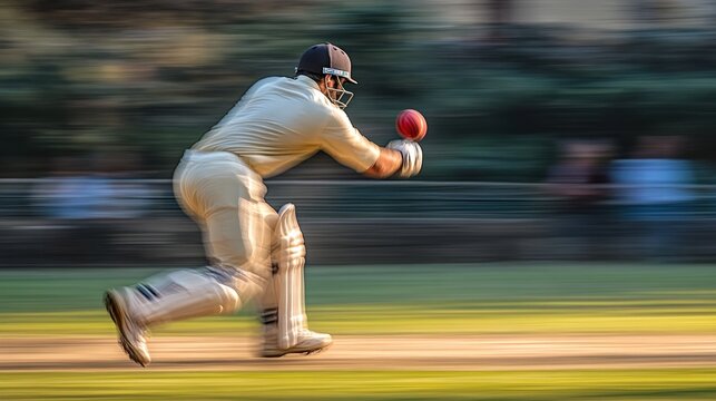 A cricketer in motion, diving to catch a ball during a game.