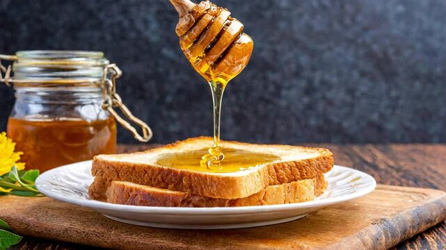 Golden honey being drizzled over slices of toasted bread.