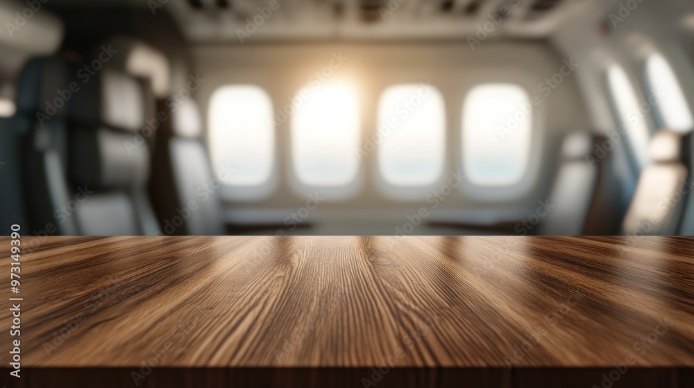 Poster A wooden table in an airplane cabin with blurred seats and windows in the background.